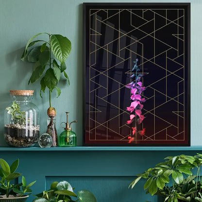 Tall flower print with pink and purple blooms, gold geometric lines, in a black frame on a green shelf.