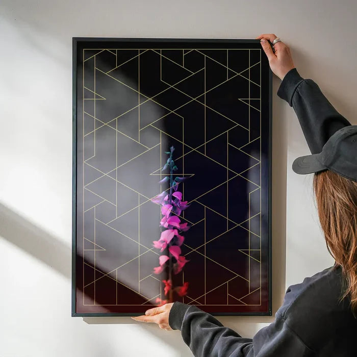 Tall Flower Print: Black framed art with colorful floral photography and gold geometric lines.