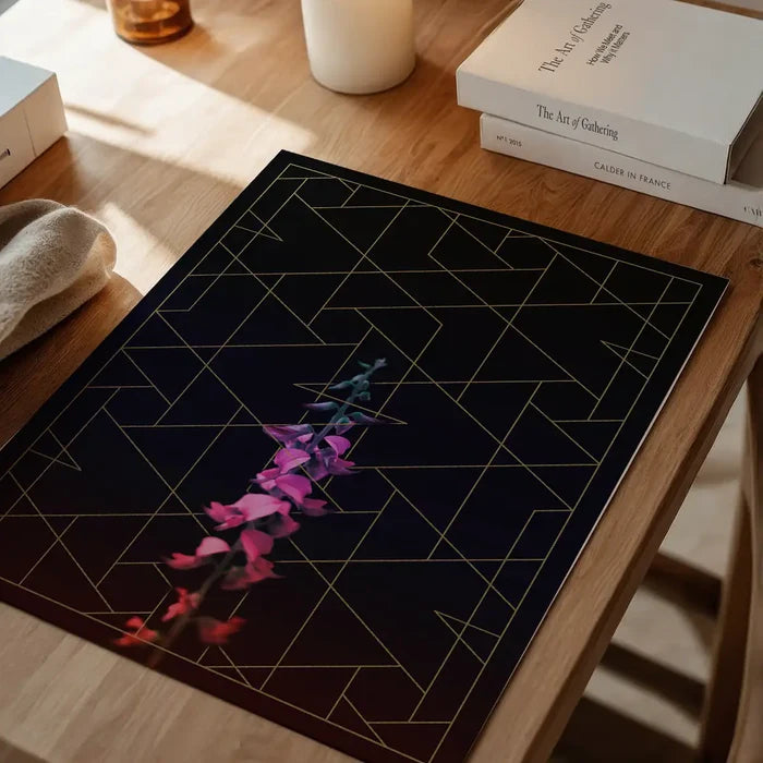 Tall flower print on black archival paper with gold geometric lines and vibrant pink-purple blossoms.