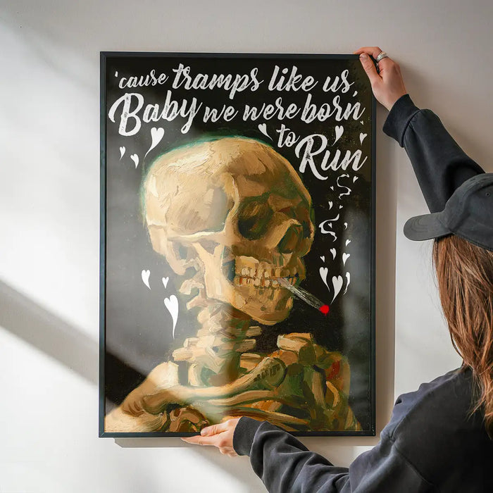 Framed art print of a classic skull painting with "Tramps Like Us, Baby we were born to Run" lyrics.