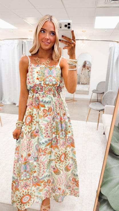 Tropical Boho Midi Dress-Orange Mint