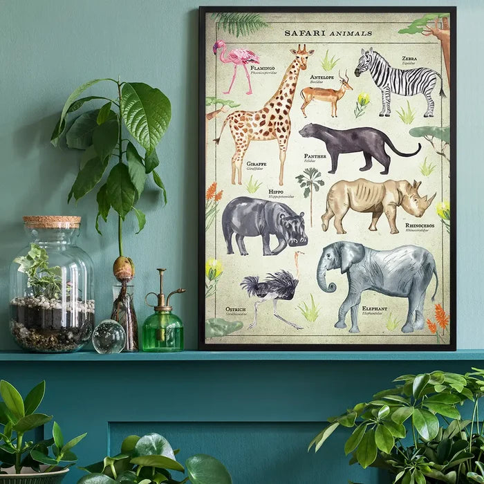 Vintage style safari animals chart educational print with a black frame on a teal shelf.