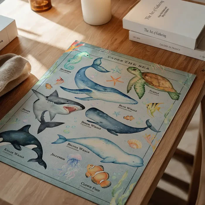 Vintage style educational print with colorful sea creatures like whales, sharks, turtles, and clownfish.