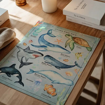 Vintage style educational print with colorful sea creatures like whales, sharks, turtles, and clownfish.