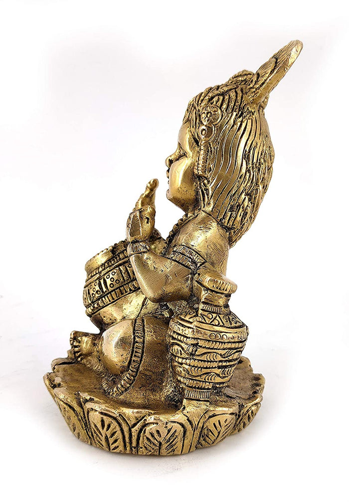 White Whale Lord Baby Krishna-Makhan Bal Krishna Brass Statue Religious Strength God Sculpture Idol