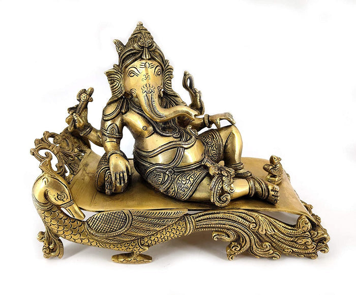 White Whale Lord Ganesha Resting on Royal Shofa Brass Statue Religious Strength God Sculpture Idol