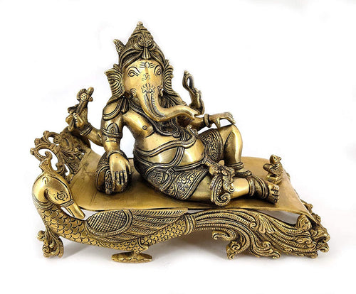 White Whale Lord Ganesha Resting on Royal Shofa Brass Statue Religious Strength God Sculpture Idol