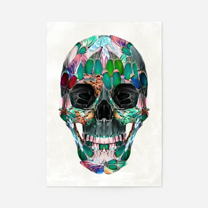 White Wings Skull Print: Vibrant anatomical skull formed from colorful butterfly wings on thick art paper.