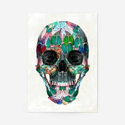 White Wings Skull Print: Vibrant anatomical skull formed from colorful butterfly wings on thick art paper.