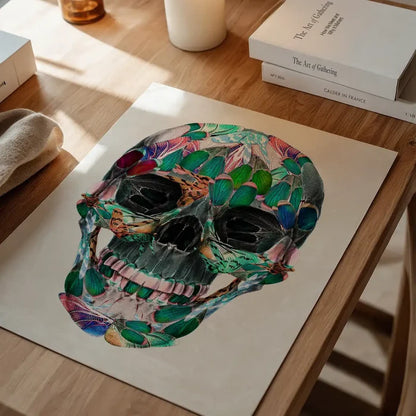 White Wings Skull Print: Vibrant anatomical skull formed from colorful butterfly wings on thick art paper.