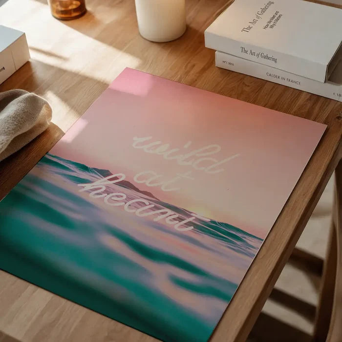 Wild At Heart" neon print art on gloss paper, featuring an ocean scene with pink sky.