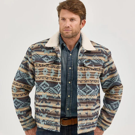 Wrangler Men's Sherpa Lined Jacquard Print Trucker Jacket in Dark Sapphire