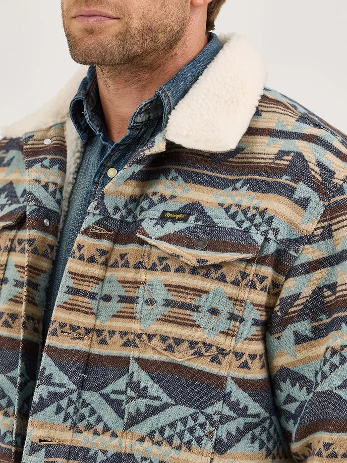 Wrangler Men's Sherpa Lined Jacquard Print Trucker Jacket in Dark Sapphire